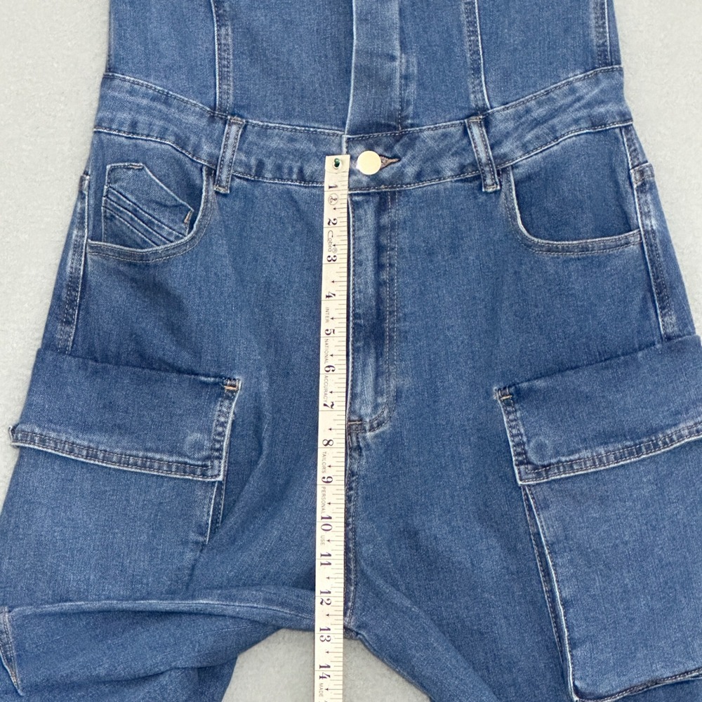 Hip Hop Womens Jumpsuit L Blue Denim Strapless‎ Cargo Pockets  Retro Streetwear - Picture 11 of 14